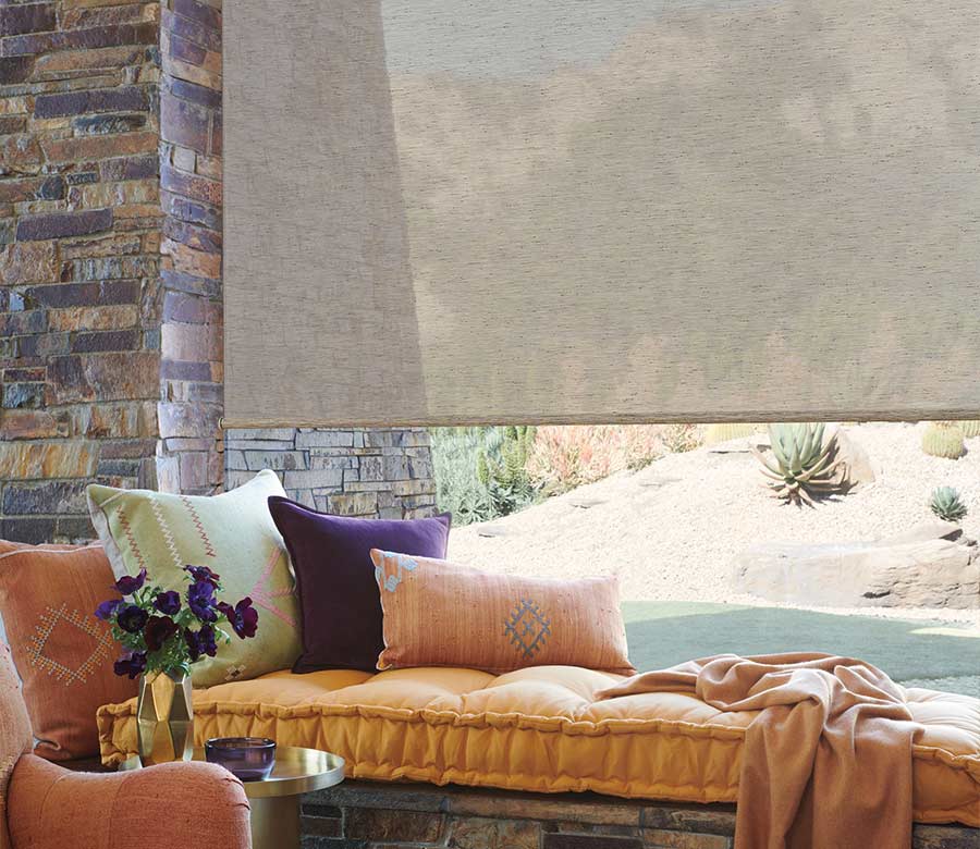 neutral designer roller shades with window seat