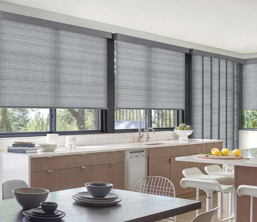 blue designer roller shades in kitchen reno