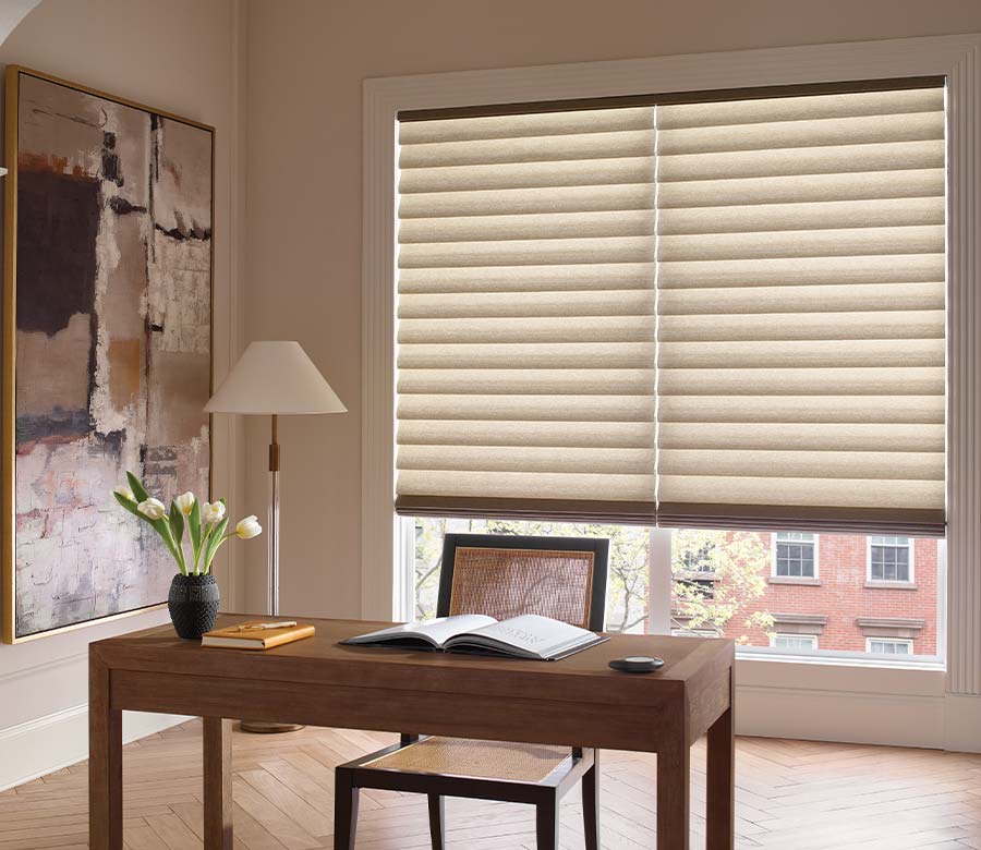 vignette-home-office-roman-shades-hunter-douglas-blue-sky-shutters-and-shades Hunter Douglas Roman shades in a Reno home office
