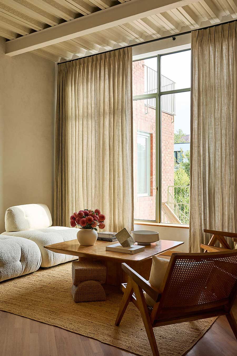 Inverted pleat beige drapery living room reno nv