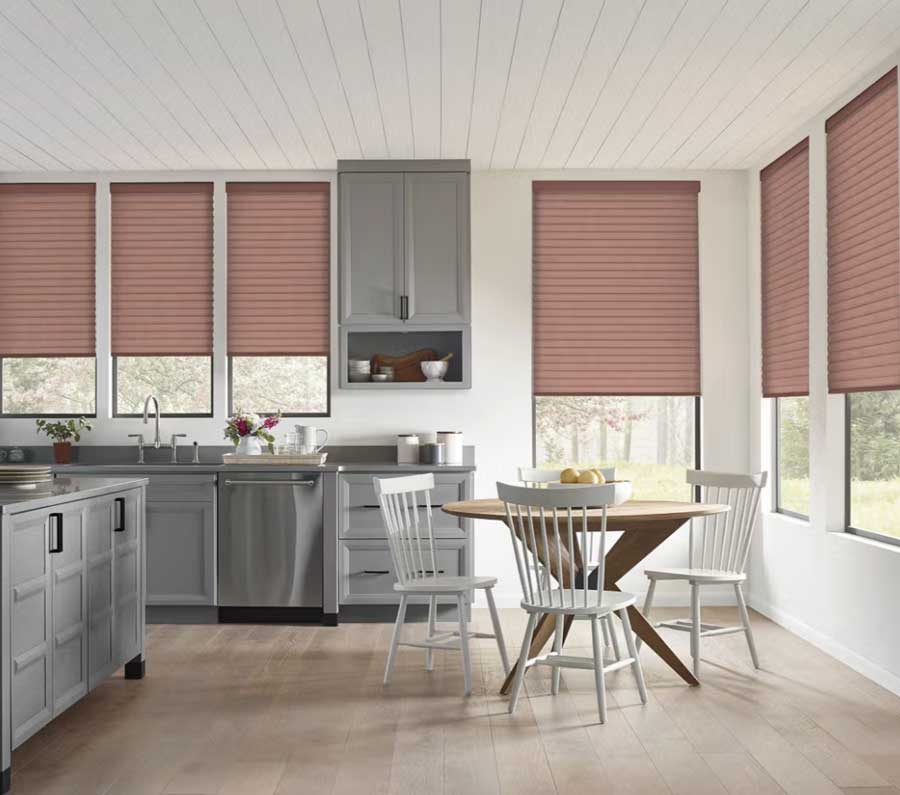 red toned cellular roller shades in Reno Tahoe kitchen