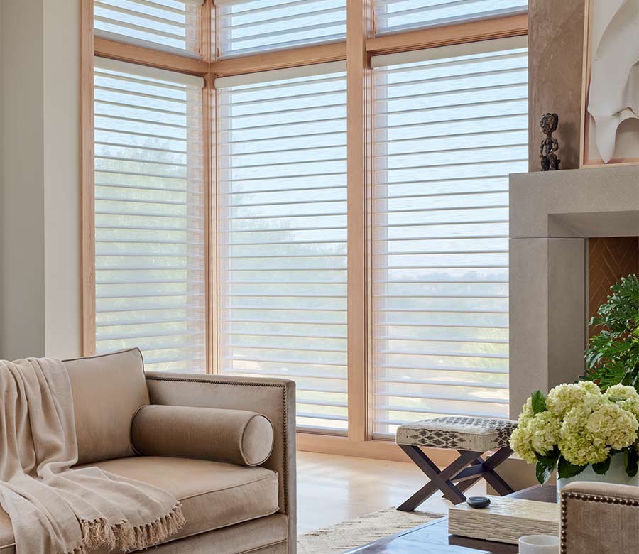 Hunter Douglas Silhouette window shades in Reno living room, covering corner windows and softly diffusing natural light near a modern fireplace