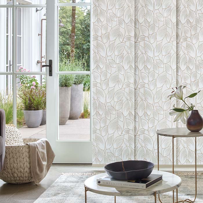 Modern panel track shades for large patio doors and wide windows in Reno home