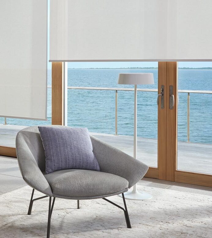 Designer-Screen-Shade-hunter-douglas-glass-doors-blue-sky-shutters-and-shades white screen shades in living room for glass doors