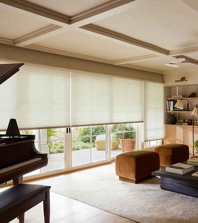 duette-honeycomb-shades-for-glass-doors-blue-sky-shutters-and-shades living room and piano room with honeycomb shades