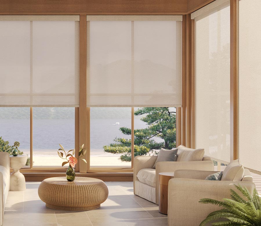 cream designer screen shades for large windows that filter light