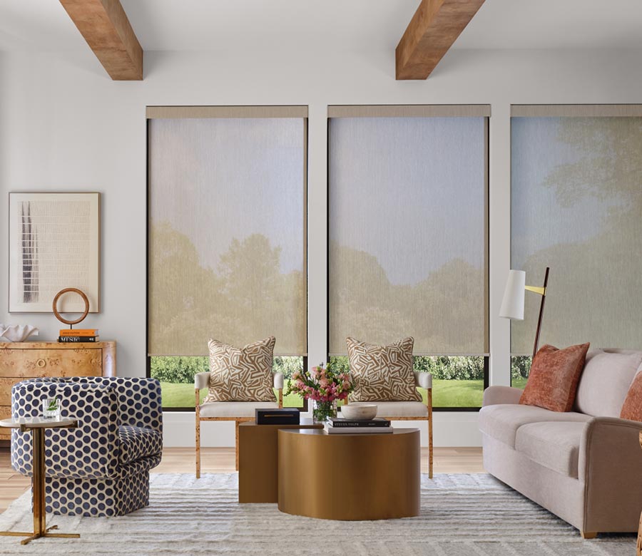 modern living room with three windows covered by screen shades